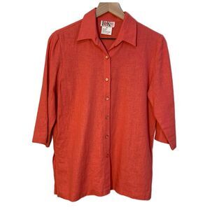 R&K Linen Tunic Top Women's 6P Orange Button Up 3/4 Sleeve.